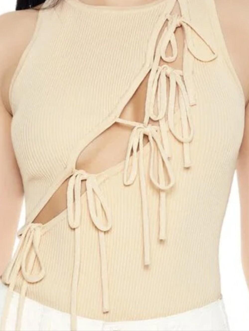 Forever 21 Ribbed Tie-Cutout Tank Top in Beige